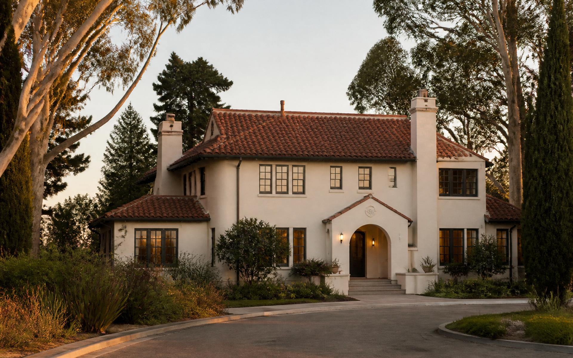 Pres House at dusk, a restored Spanish colonial revival residence in the Presidio